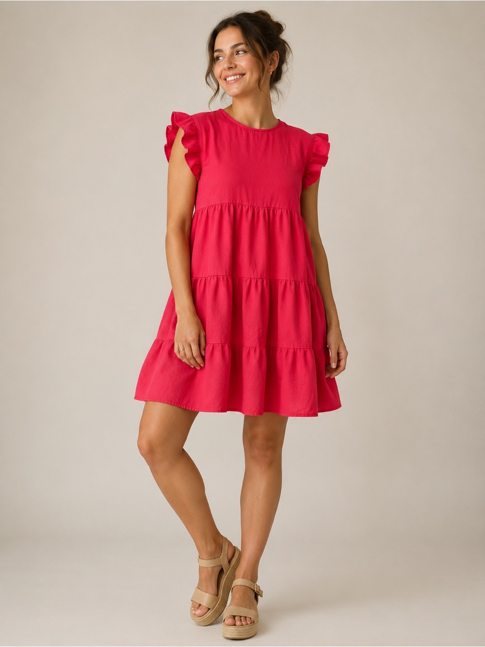 Petal + Pup Hot Pink Linen-Cotton Blend Ruffle Sleeve Tiered Mini Dress - 6